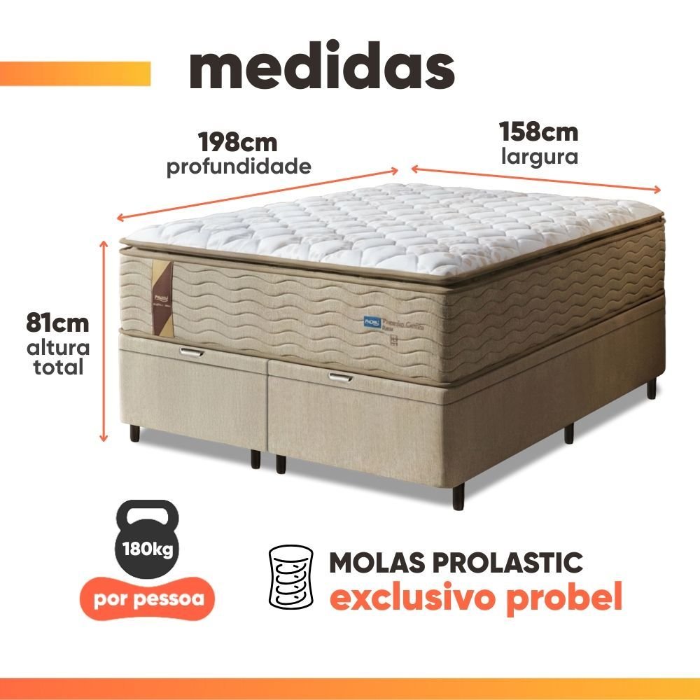 Cama Box Baú Colchão Casal Queen Probel Guarda Costas Max Pillow Top 158x198x81cm Bege