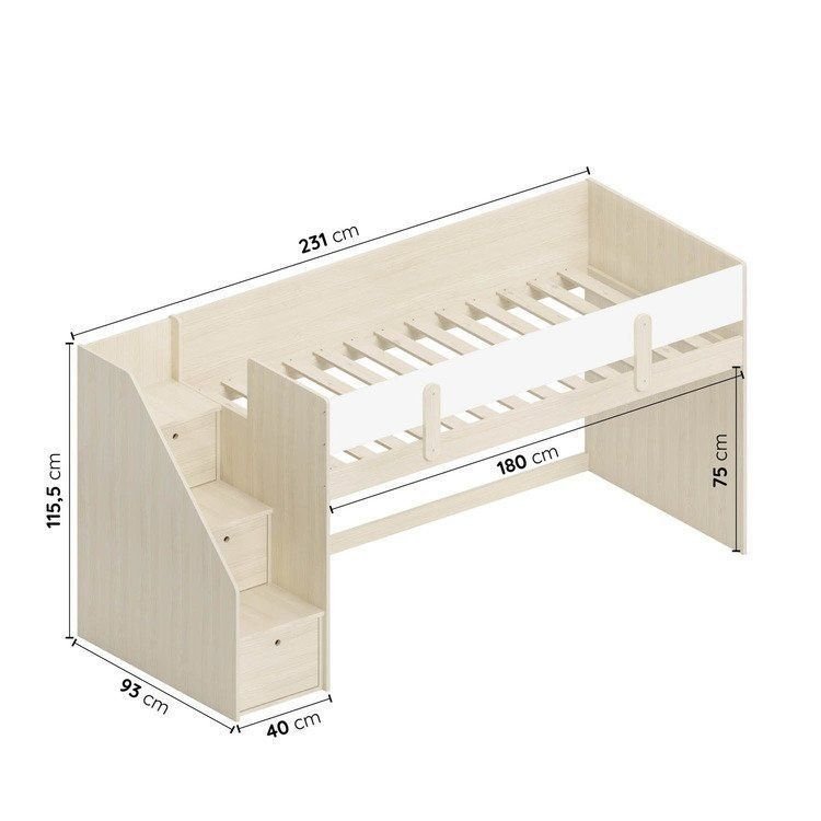 Quarto Infantil Completo Cama Elevada com Cômoda Escrivaninha Armário Artsy e Guarda-Roupa 4 Portas Curió Casatema MadeiraOriginals Natural