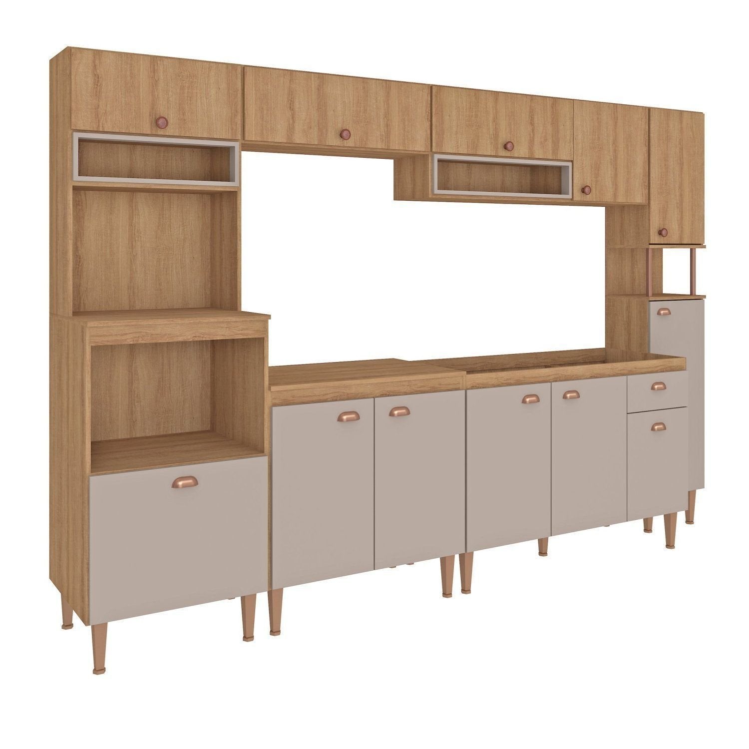 Cozinha Completa Modulada 6 Peças com Paneleiro Torre Quente e Balcão para Pia sem Tampo Marti Yescasa Mel/Fendi Cinza