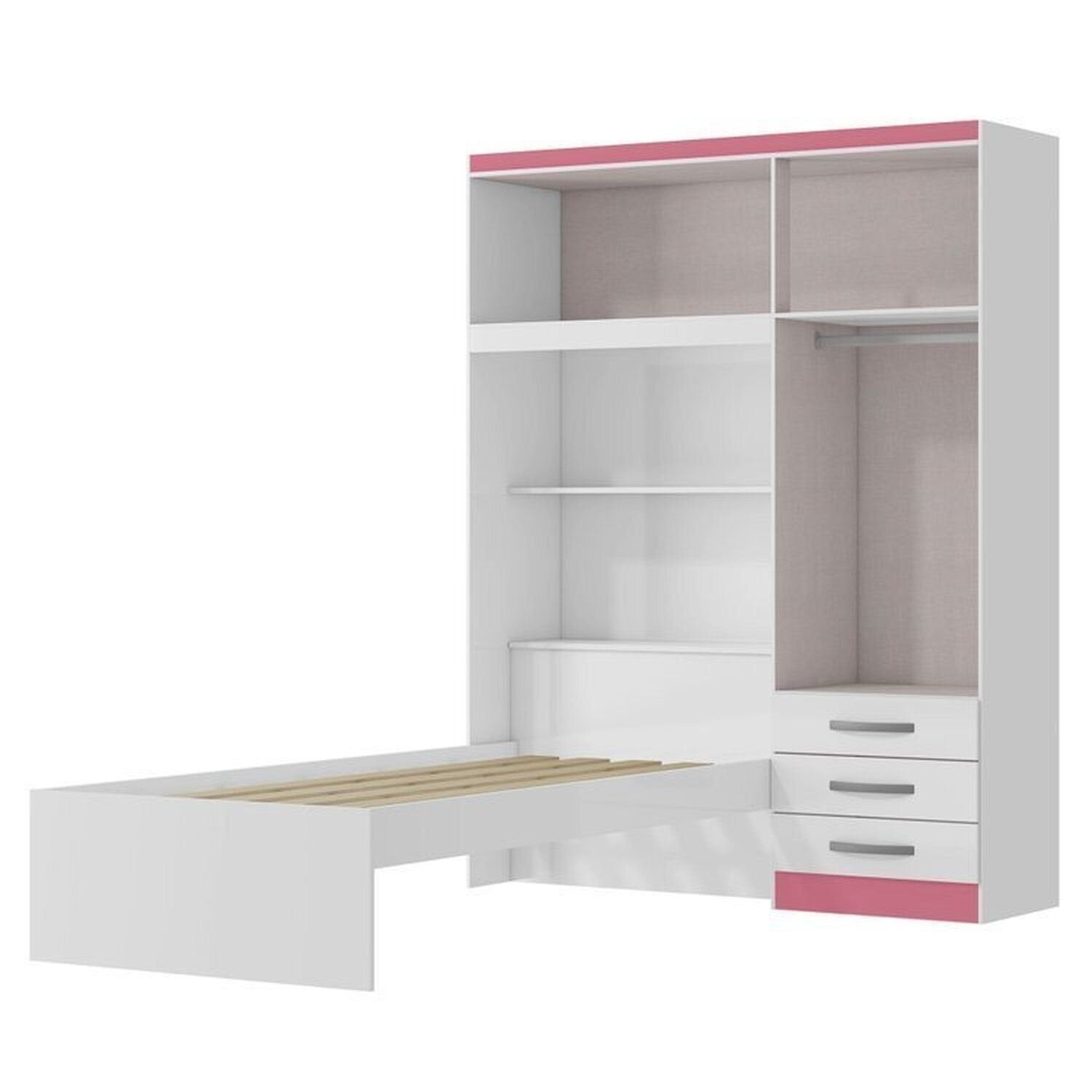 Conjunto Infantil Guarda-Roupa com Cama Lisboa 4 Portas e 3 Gavetas com Cômoda Carla 4 Gavetas MX Móveis Branco/Rosa