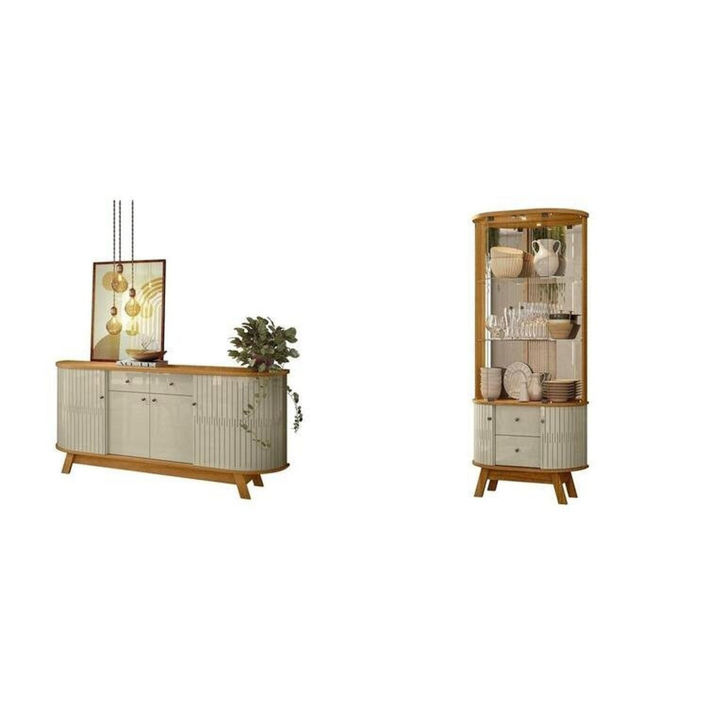 Conjunto Buffet Mônaco e Cristaleira Moss Porta Curva MDF LED Madetec