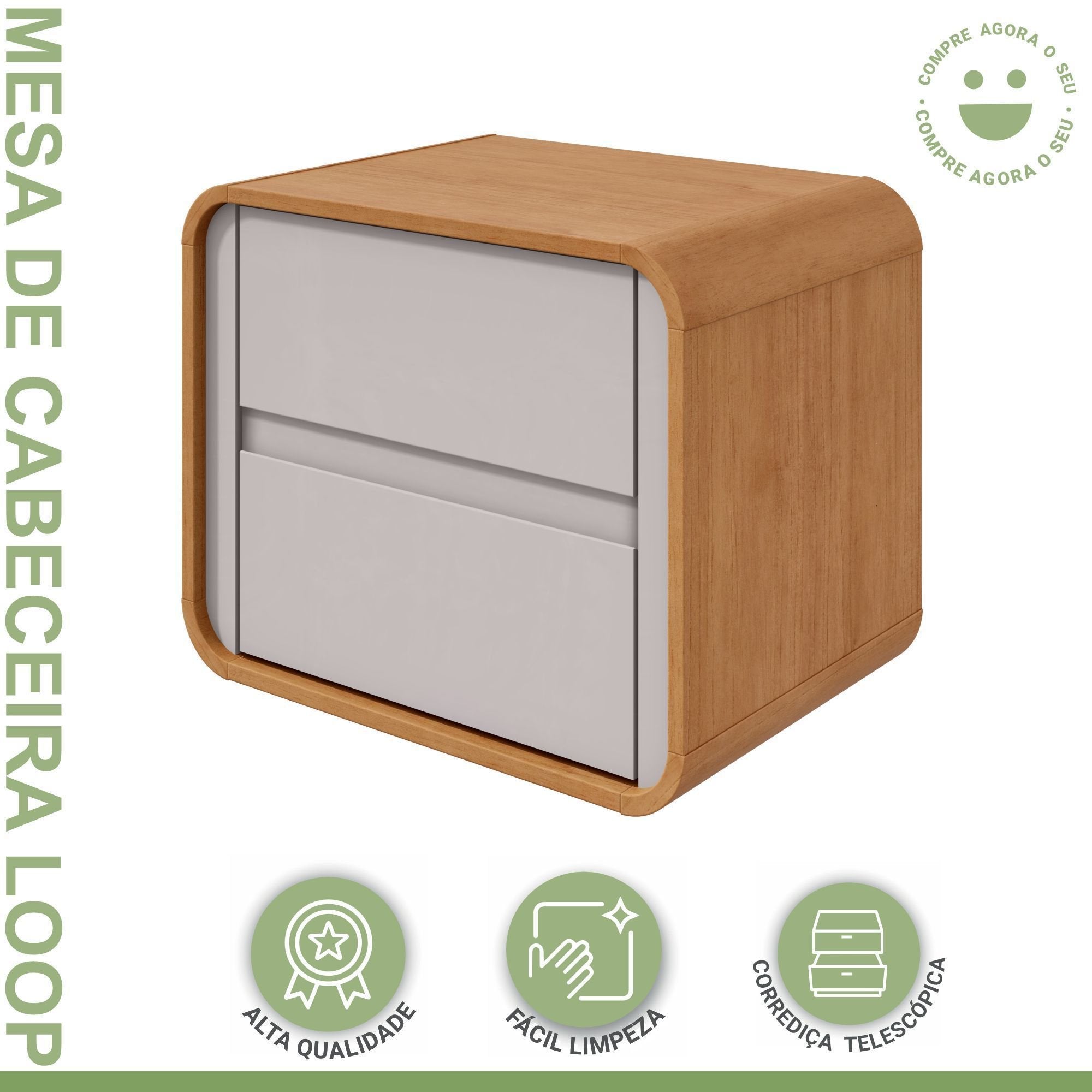 Kit 3 Peças com 2 Camas de Solteiro e Mesa de Cabeceira Loop Bege Amêndoa Clean/Off White Móveis Lopas