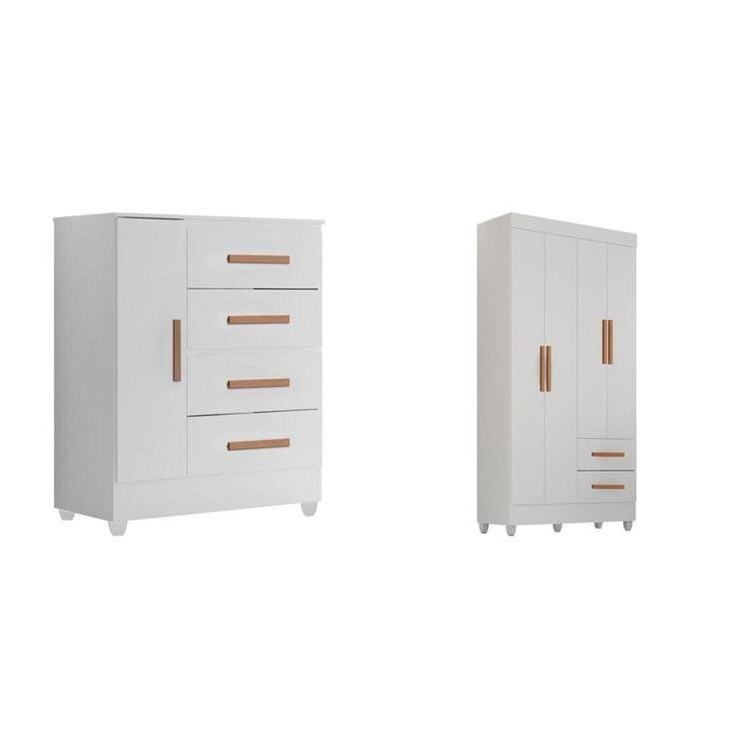 Quarto Bebê Infantil com Guarda-Roupa 4 Portas e 2 Gavetas com Cômoda 4 Gavetas e 1 Porta Aconchego Móveis Leão Branco