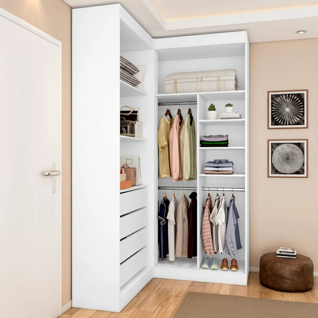 Guarda-Roupa Casal Canto 4 Portas 4 Gavetas Versatille Yescasa MDP Branco