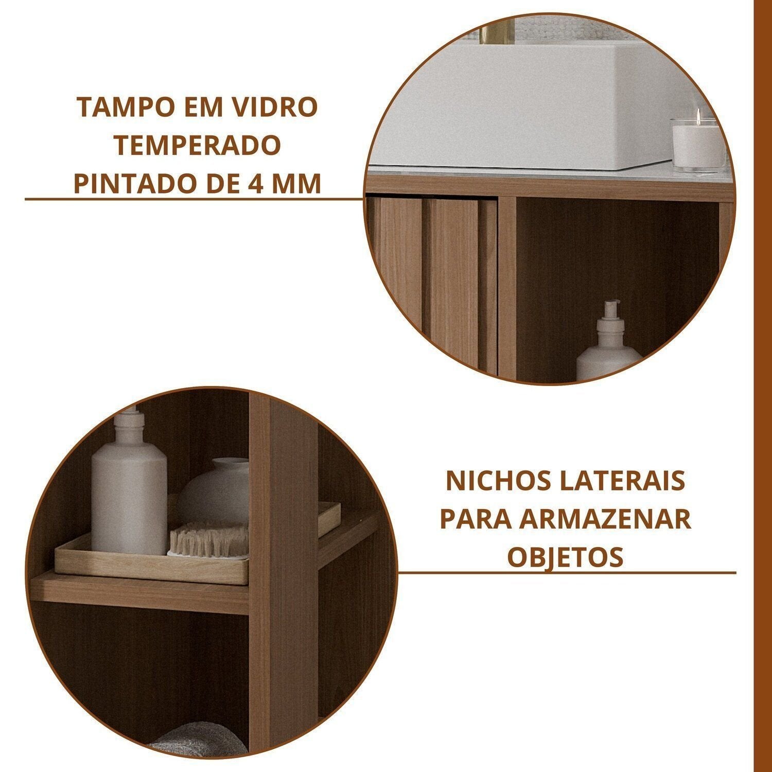 Gabinete para Banheiro MGM Móveis Noruega 80cm 2 Portas 2 Nichos Cuba de Sobrepor Marrom/Freijó