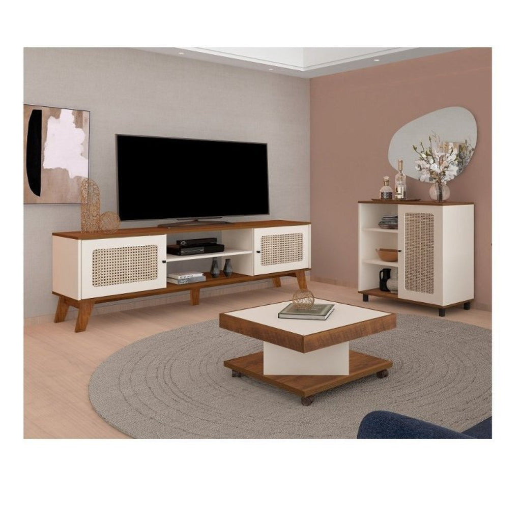 Conjunto Sala de Estar 3 Peças Rack para TV até 75 Polegadas Buffet Memphis Mesa Centro Saara Espresso Móveis Bege