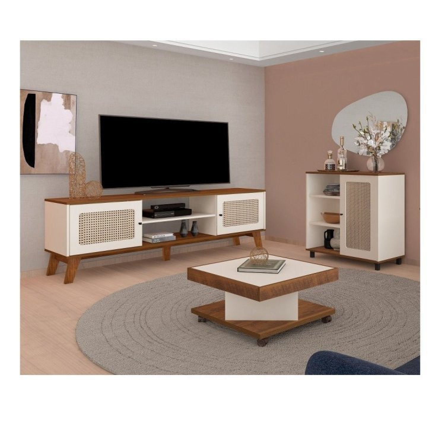 Conjunto Sala de Estar 3 Peças Rack para TV até 75 Polegadas Buffet Memphis Mesa Centro Saara Espresso Móveis Bege