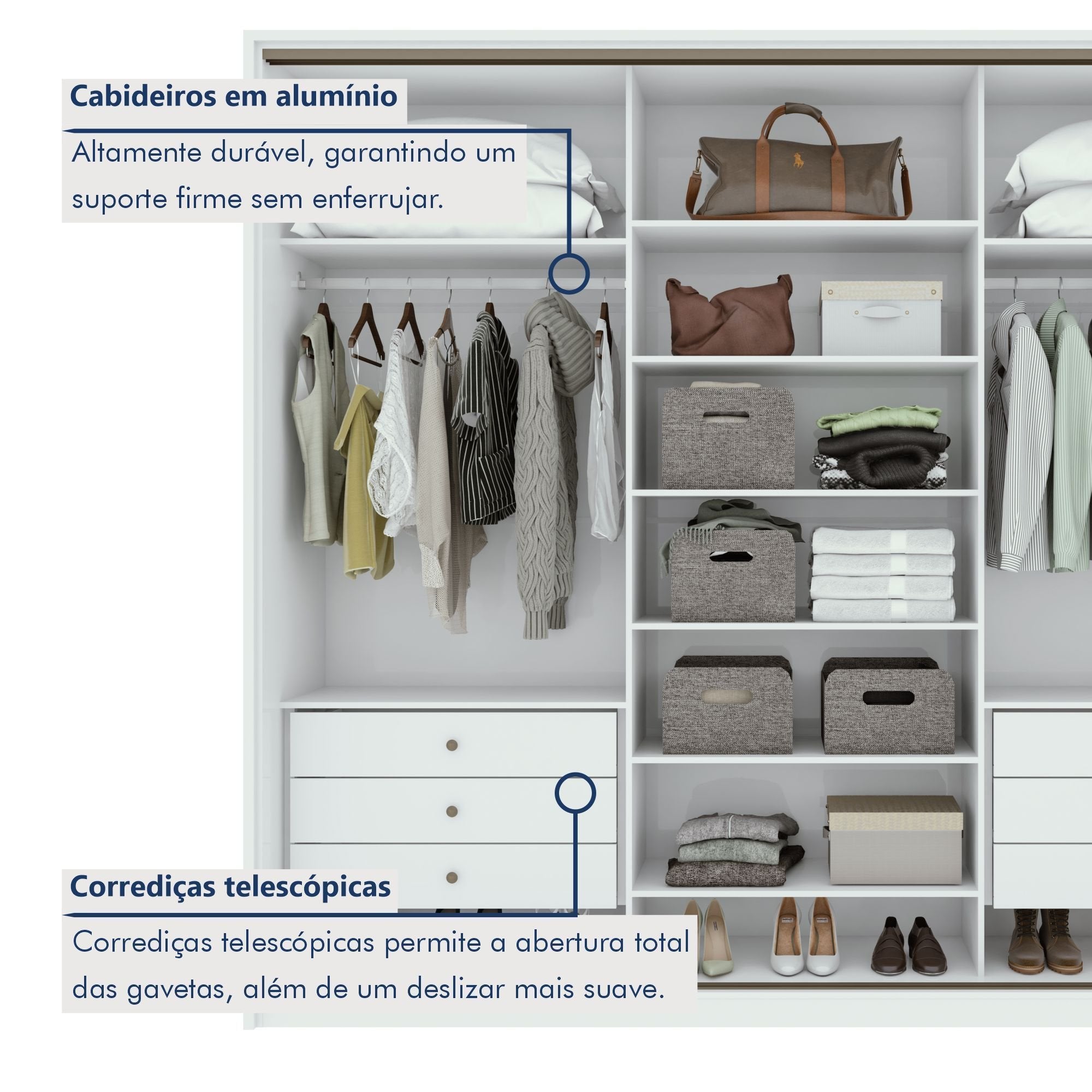 Guarda-Roupa Casal Spazio Yescasa 3 Portas Correr 6 Gavetas MDF 270cm Branco