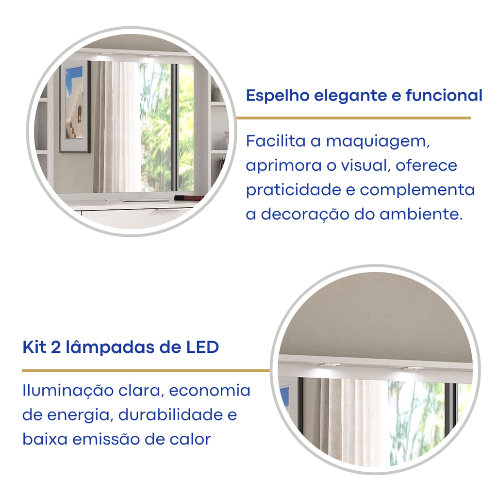 Penteadeira 9 Gavetas com Espelho e LED Foscarini 8402 Branco