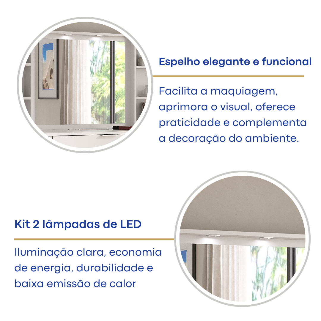 Penteadeira 9 Gavetas com Espelho e LED Foscarini 8402 Branco