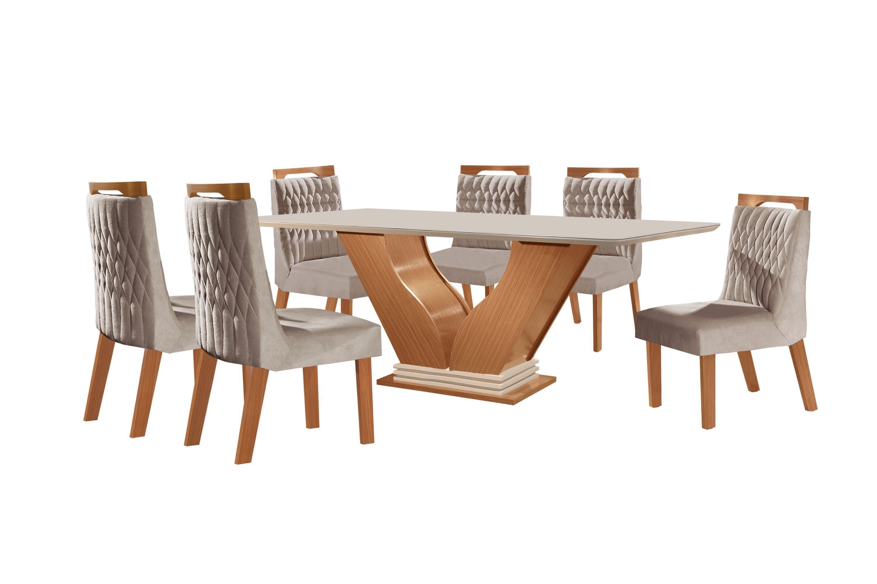 Conjunto Sala de Jantar Mesa Safira Tampo Vidro e MDF com 6 Cadeiras Atena LJ Móveis