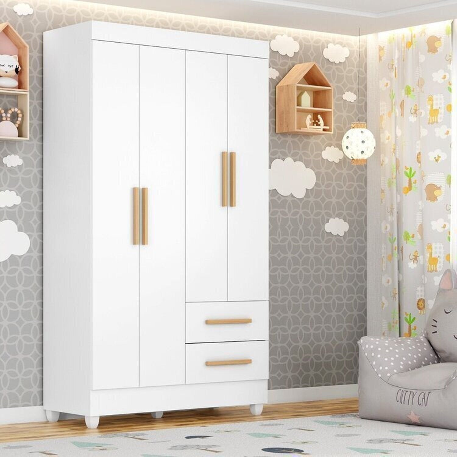 Quarto Bebê Infantil com Guarda-Roupa 4 Portas e 2 Gavetas com Cômoda 4 Gavetas e 1 Porta Aconchego Móveis Leão Branco