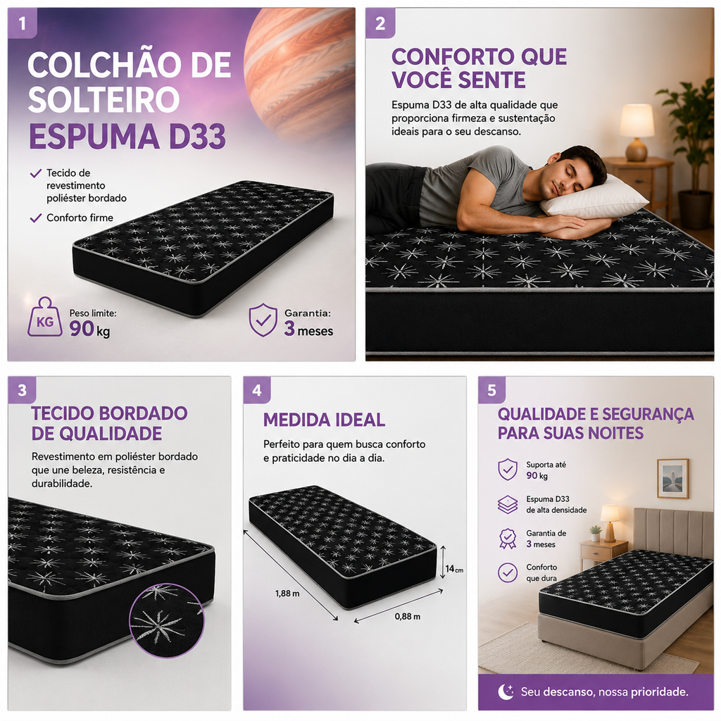 Colchão Solteiro Espuma D33 Jupiter Firme Poliéster 88x188x12cm