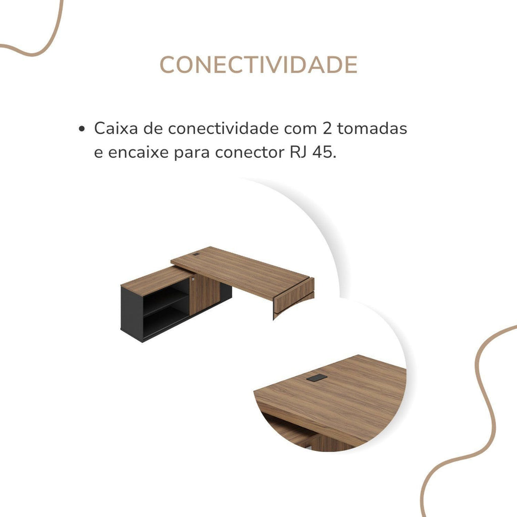 Escrivaninha Mesa Escritório em L com Caixa de Tomada Tamburato Estação Diretoria 202,5cm Marrom Artany