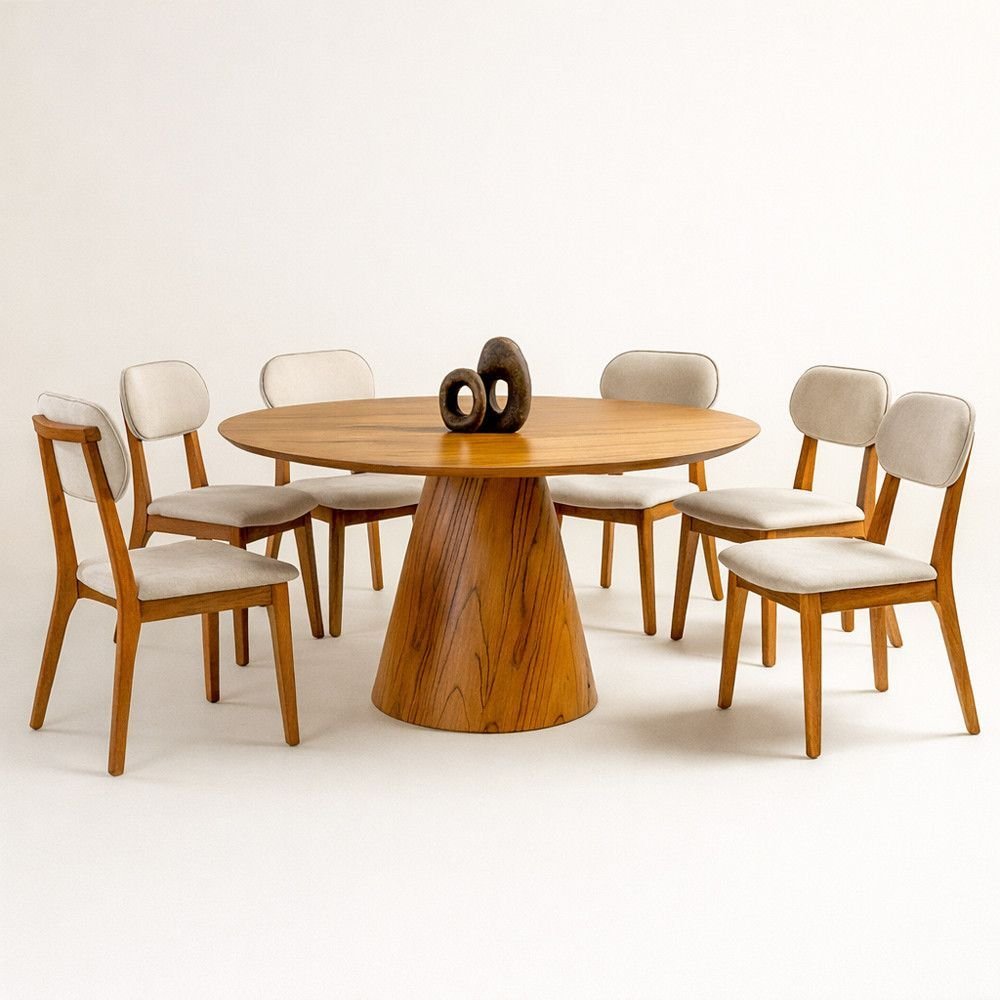 Conjunto Sala de Jantar 6 Lugares Lara Mesa Redonda 135cm e 6 Cadeiras Madeira Maciça Móveis Mundial