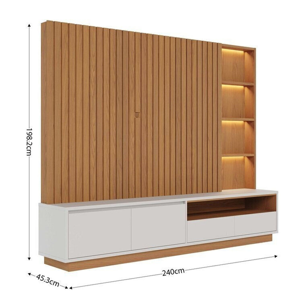Conjunto Sala de Estar Home Theater Ripado para TV até 82 Polegadas 240cm com LED Cristaleira e Buffet 4 Portas Colibri Marrom Freijó/Off White Matte