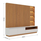 Conjunto Sala de Estar Home Theater Ripado para TV até 82 Polegadas 240cm com LED Cristaleira e Buffet 4 Portas Colibri Marrom Freijó/Off White Matte