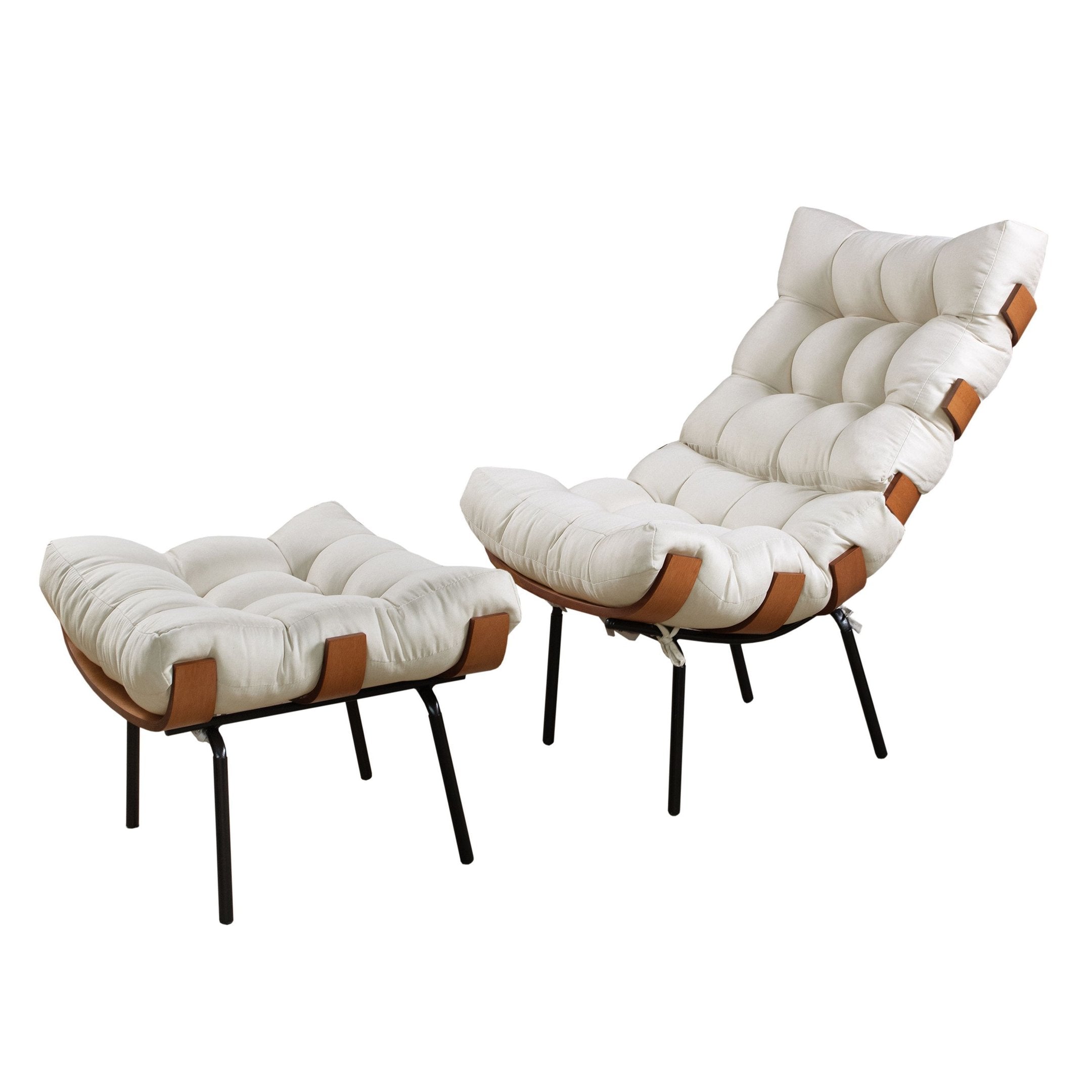 Poltrona com Puff em Linho Costela Bege/Off White 67cm House Deccor