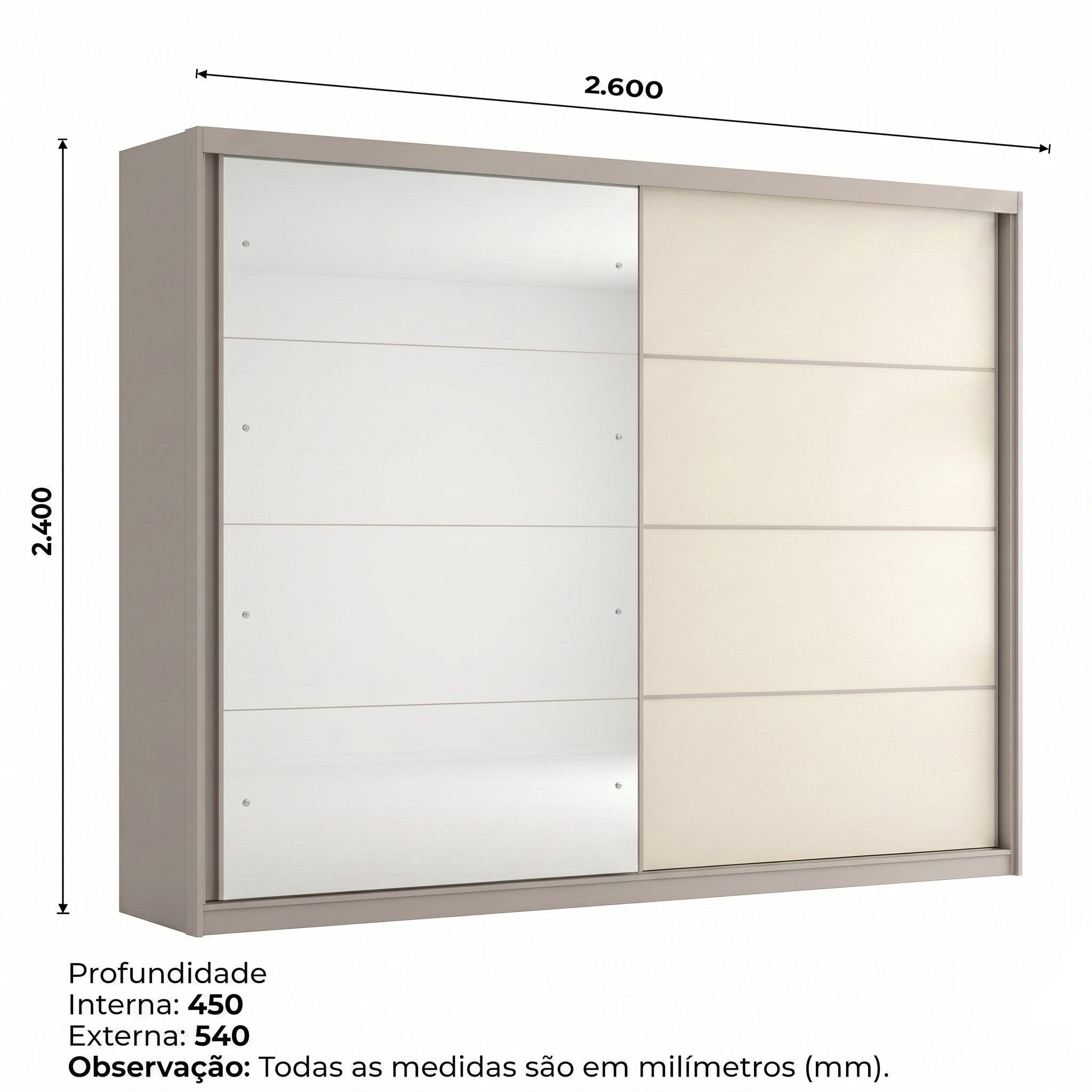 Guarda-Roupa Casal Henn Dream 2 Portas Deslizantes com Espelho 100% MDF Off White/Avelã