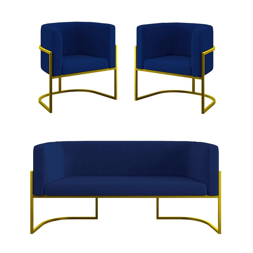 Kit 2 Poltronas e Sofá 2 Lugares para Recepção Balaqui Suede Azul Marinho