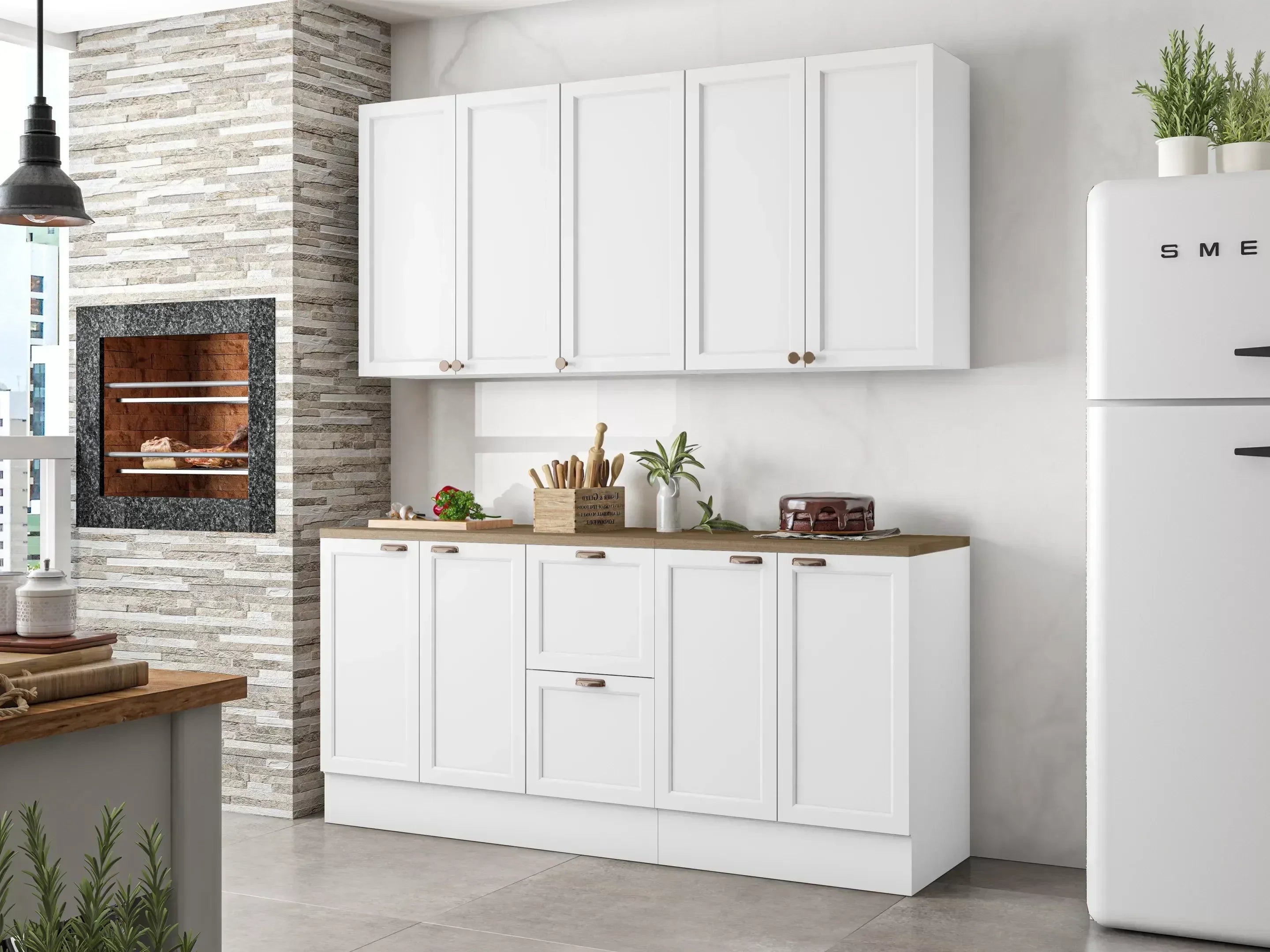 Cozinha Completa Modulada Americana 4 Peças com Balcão Tampo e 2 Gavetas Unna Yescasa