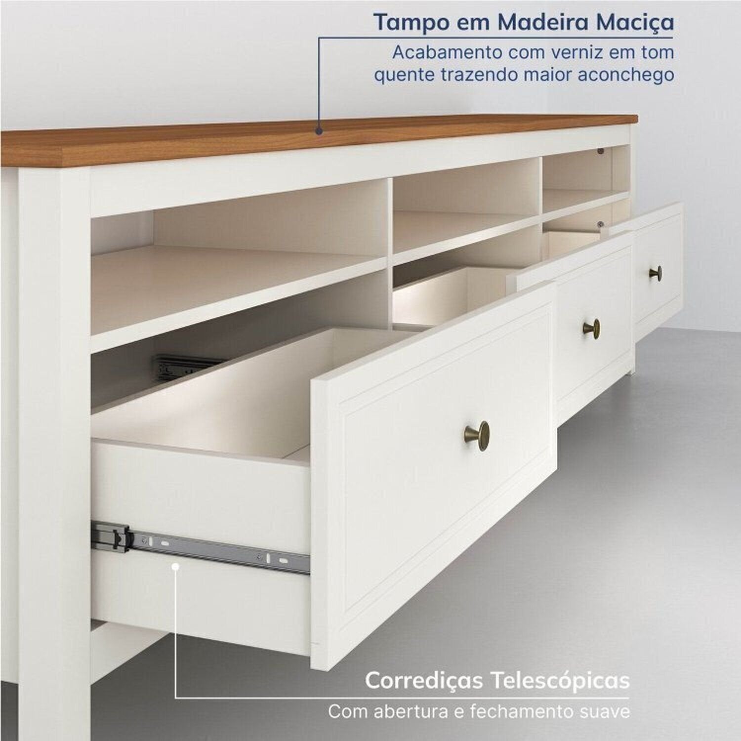 Conjunto Sala de Estar 2 Peças com Rack e Estante Ananda CabeCasa MadeiraOriginals Branco Off White/Mel