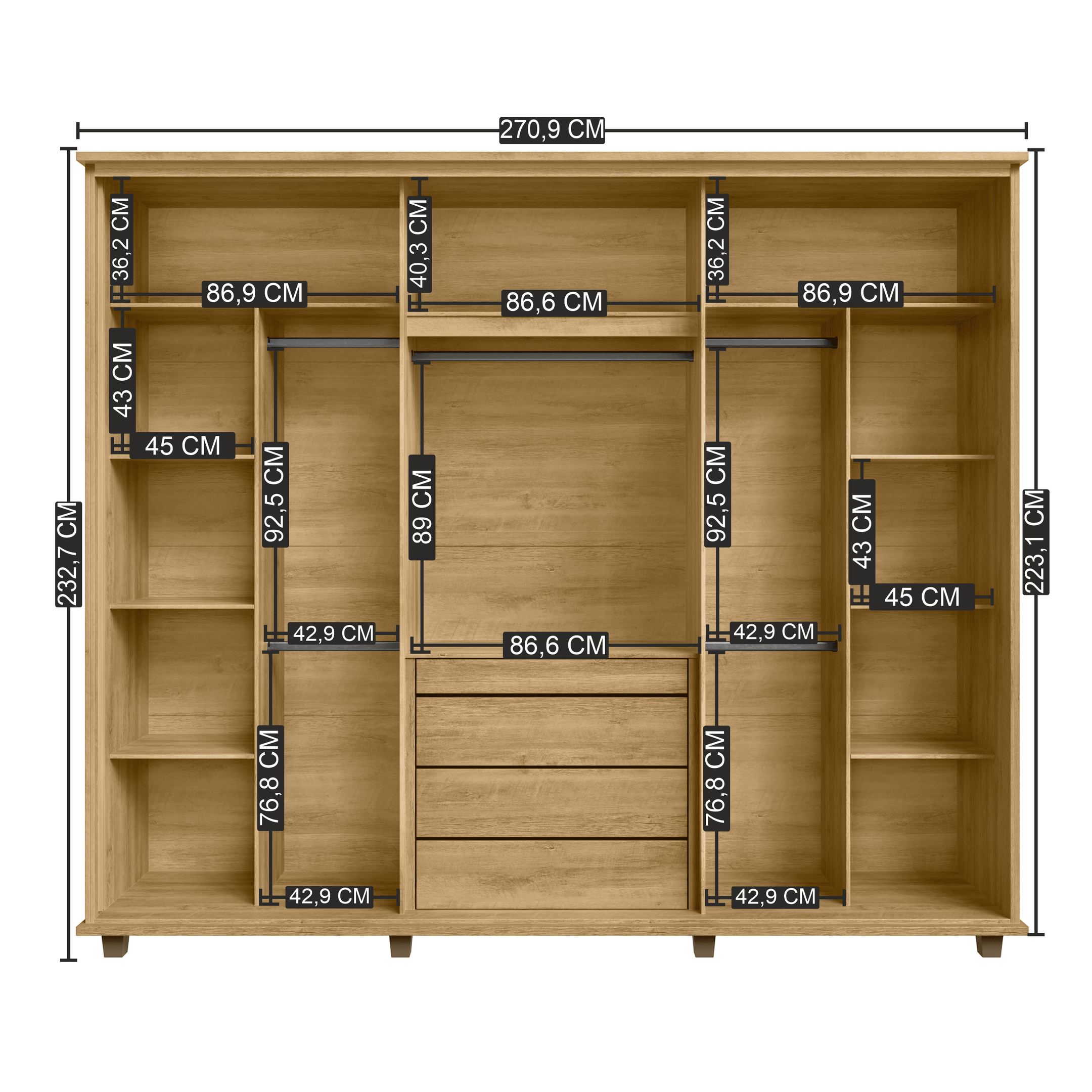 Guarda-Roupa Casal 6 Portas com LED e Vidro Reflecta 5 Gavetas Bélgica RV Móveis