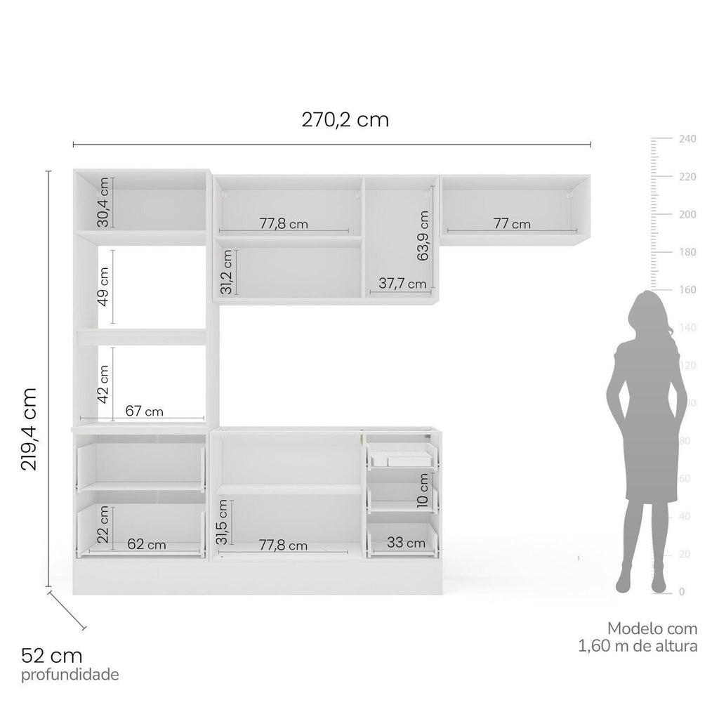 Cozinha Completa Modulada Pérola 4 Peças Torre Quente Aéreo 3 Portas Balcão 2 Gavetas Basculante Azul/Branco 270,2x219,4x52cm