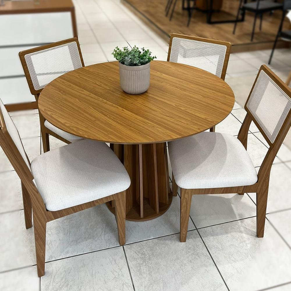Conjunto de Jantar Mesa Redonda MDF 4 Cadeiras Tela Palha Freijó Off White Cesare Claro Dalla Costa