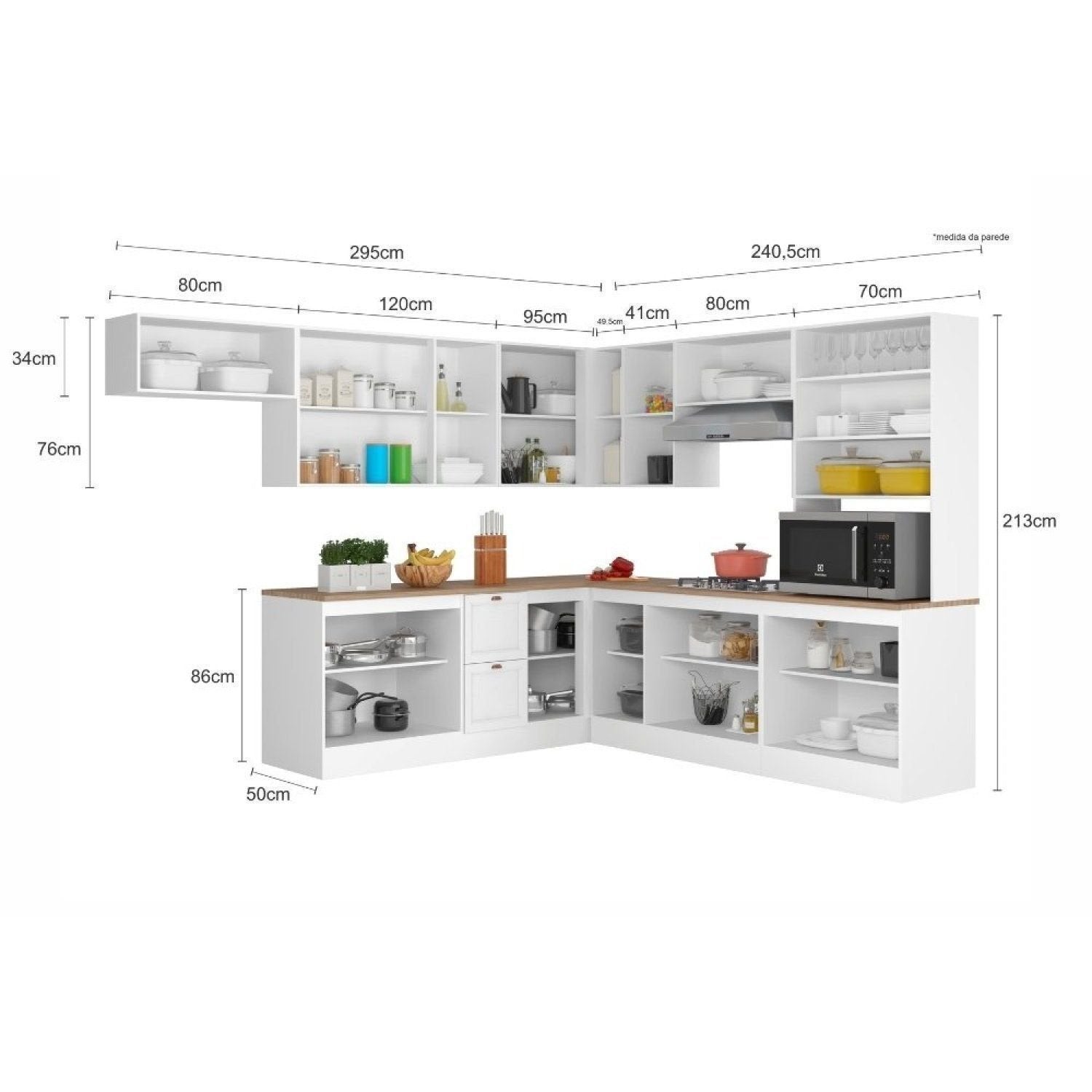 Cozinha Completa Modulada Americana 10 Peças Unna com Paneleiro Torre Quente, Nichos e Balcão com Tampo Yescasa Branco
