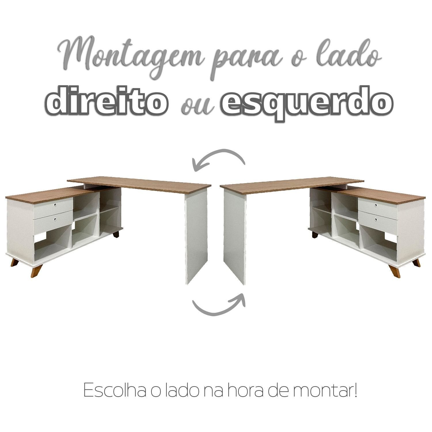 Escrivaninha Retrô em L Mesa Escritório e Home Office 2 Gavetas 5 Nichos 145cm Artany