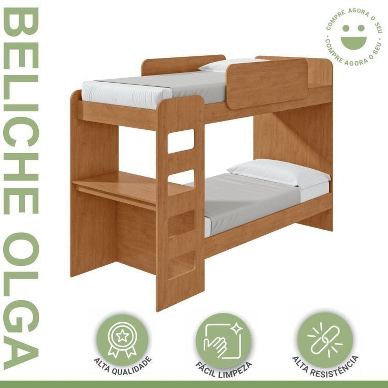 Kit Quarto Infantil 4 Peças com Beliche Olga Cômoda e Mesa de Cabeceira Baião Marrom Amêndoa Clean Móveis Lopas