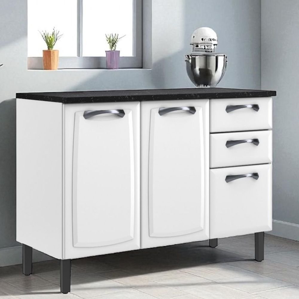 Balcão Cozinha em Aço 3 Portas 2 Gavetas 120cm com Tampo New Premium Itatiaia Branco/Nero Marquina