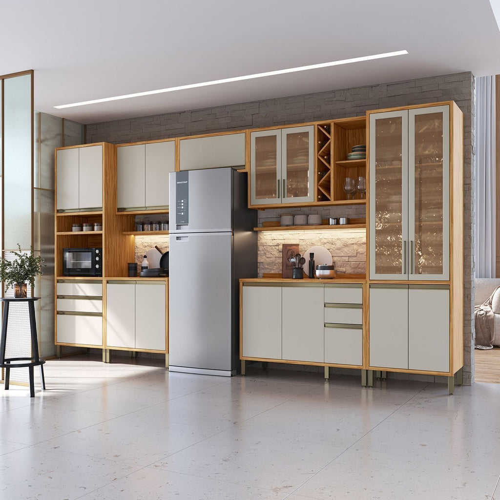 Cozinha Completa Modulada Barbados 7 Peças 16 Portas com Vidro e Tampo 100% MDF Espresso Móveis Bege/Amêndoa/Off White
