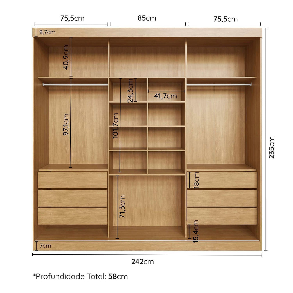 Guarda-Roupa Casal 3 Portas de Correr Samambaia CabeCasa MadeiraOriginals Carvalho