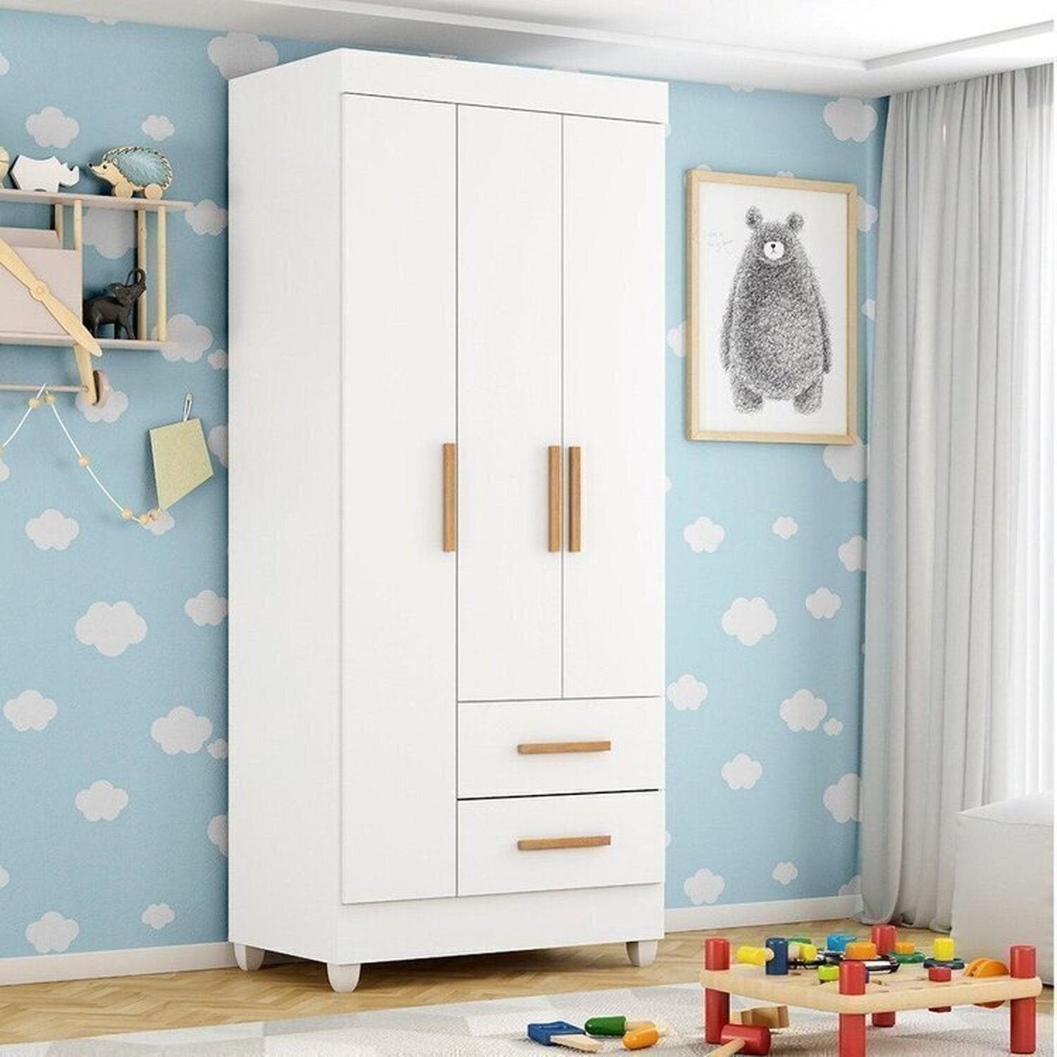 Quarto Bebê Infantil com Guarda-Roupa 3 Portas e 2 Gavetas com Cômoda 4 Gavetas e 2 Portas Lite Móveis Leão Branco