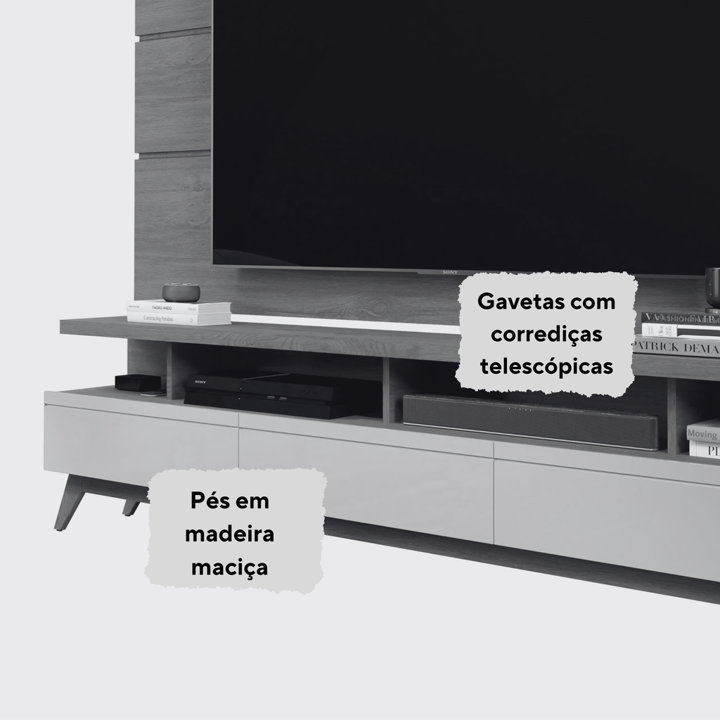 Rack com Painel Sala de Estar Vivare para TV até 72 Polegadas 180cm 3 Gavetas Giga Moveis Off White/Nature