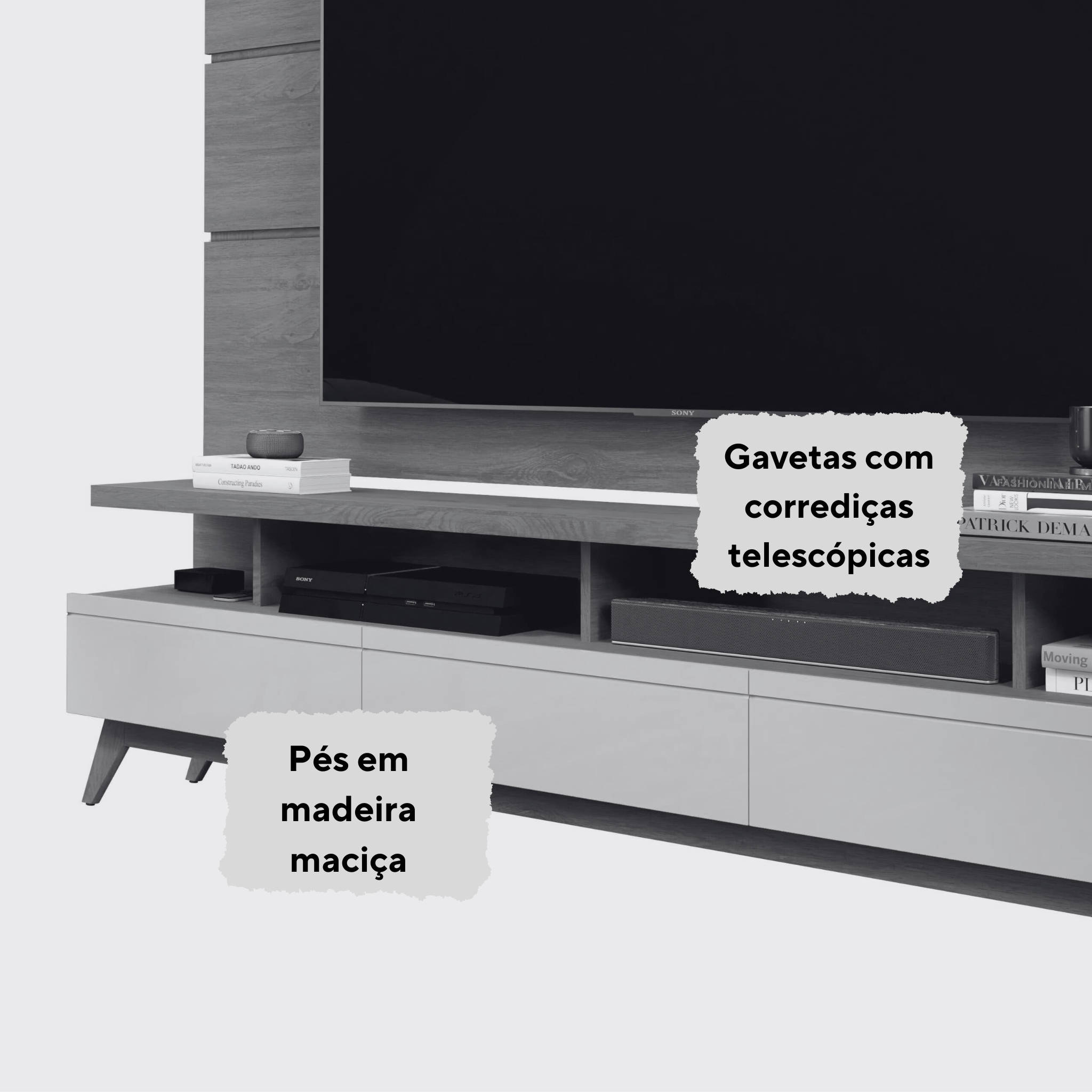 Rack com Painel Sala de Estar Vivare para TV até 72 Polegadas 180cm 3 Gavetas Giga Moveis Off White/Nature