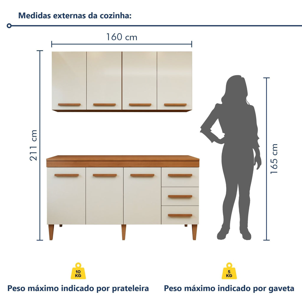 Cozinha Completa Modulada Atenas Kaiki Móveis 7 Portas 3 Gavetas Balcão Aéreo MDP Branco