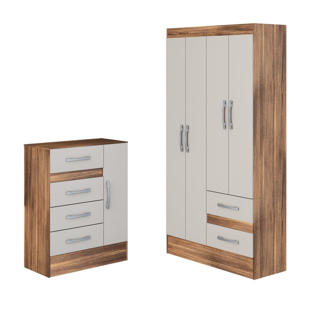 Quarto Infantil Completo Guarda-Roupa 4 Portas 2 Gavetas com Cômoda 4 Gavetas 1 Porta Ninho MDP Marrom/Castanho/Off White DiretoSim