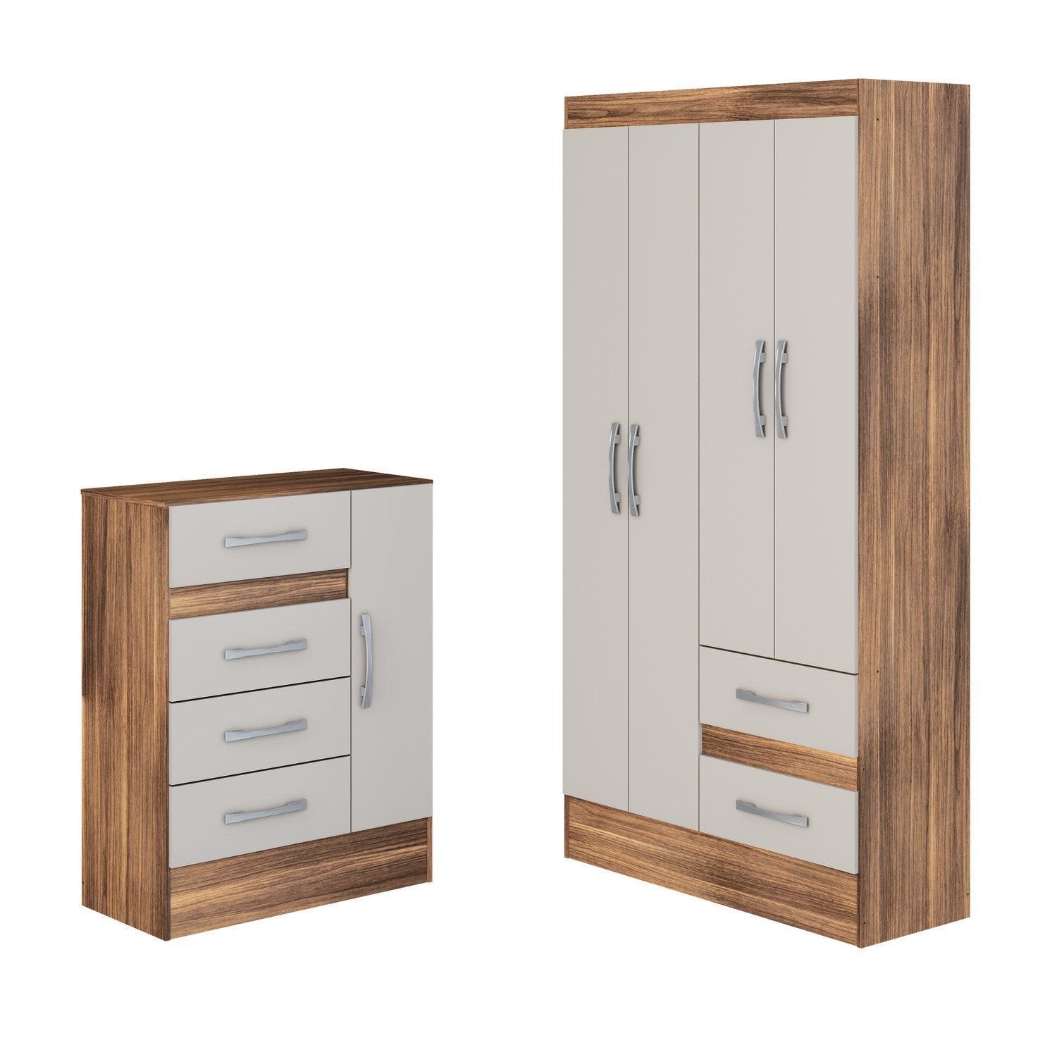 Quarto Infantil Completo Guarda-Roupa 4 Portas 2 Gavetas com Cômoda 4 Gavetas 1 Porta Ninho MDP Marrom/Castanho/Off White DiretoSim