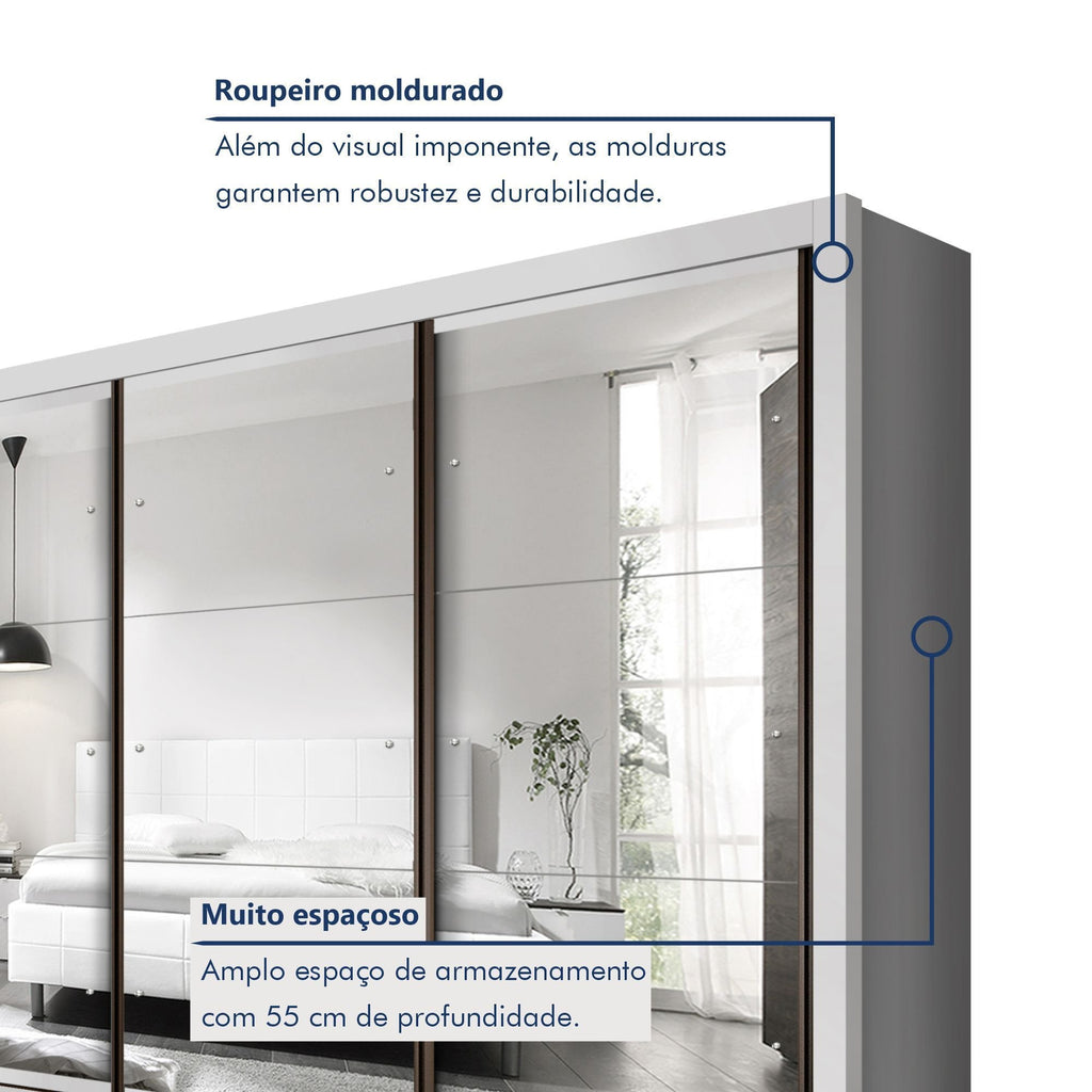 Guarda-Roupa Casal 3 Portas 6 Gavetas com Espelho Premium Lux Yescasa Branco