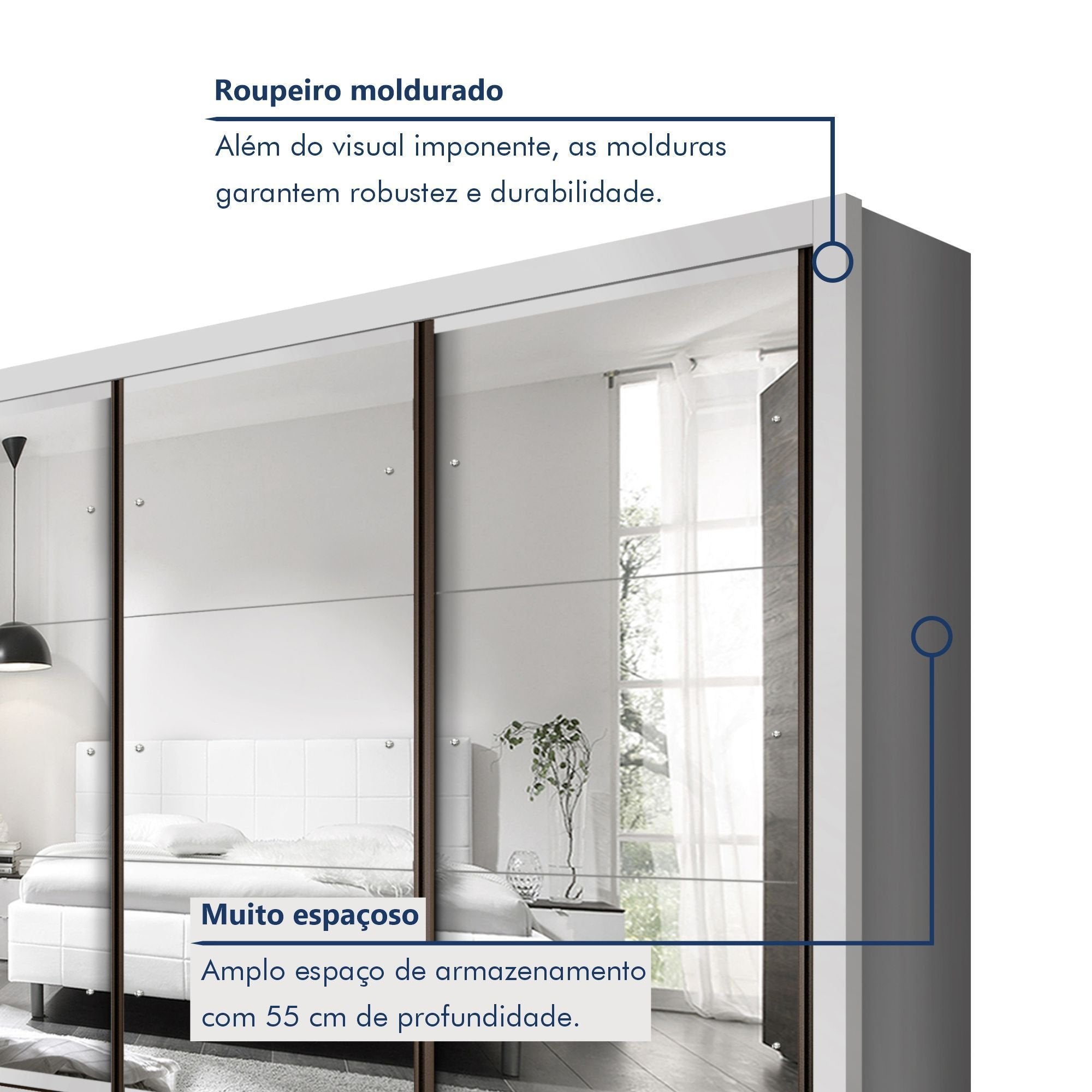 Guarda-Roupa Casal 3 Portas 6 Gavetas com Espelho Premium Lux Yescasa Branco