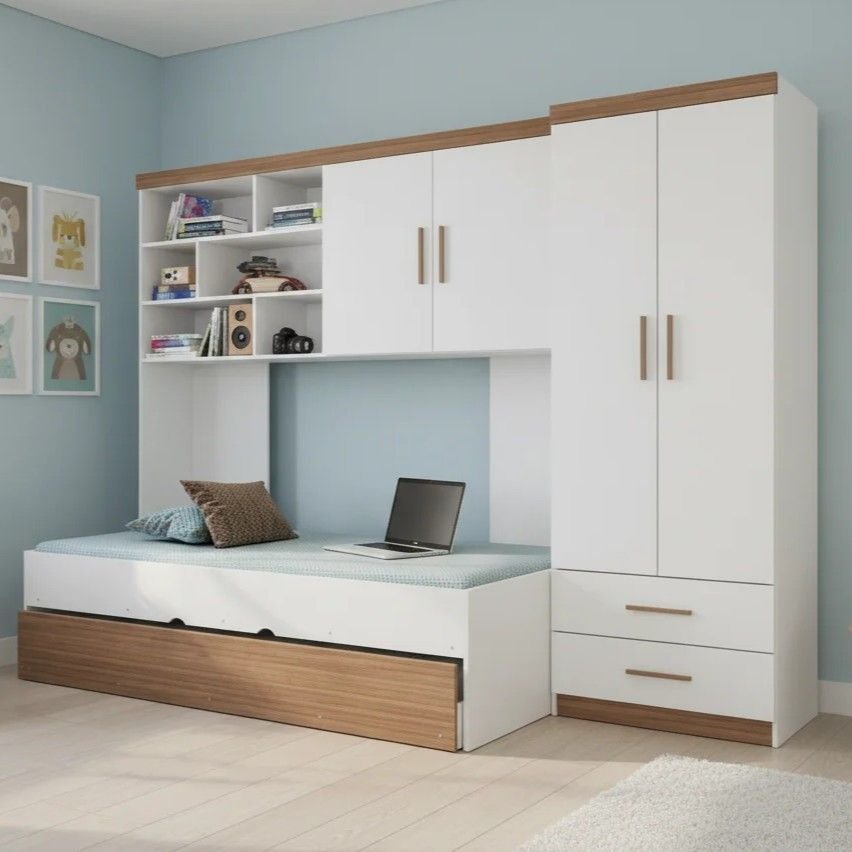 Quarto Completo Solteiro Juvenil 4 Peças com Guarda-Roupa e Bicama Modulado Chiara Phoenix Baby