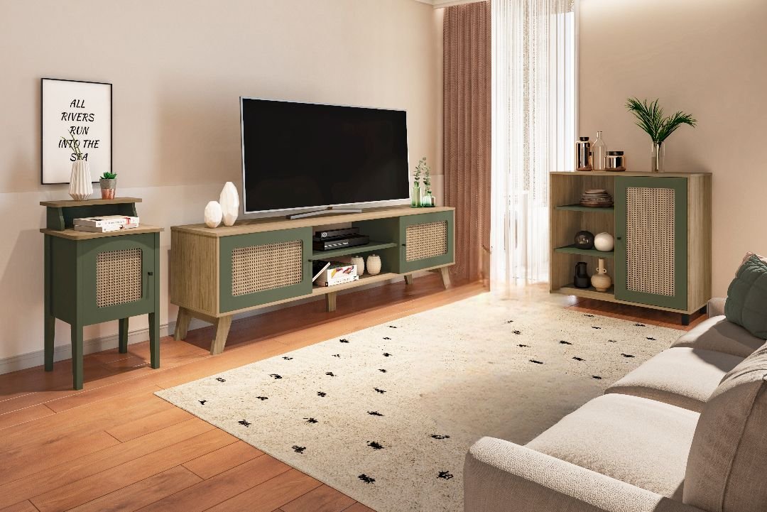 Conjunto Sala de Estar Charlotte Rack Buffet e Mesa de Apoio Artely Móveis Carvalho/Menta