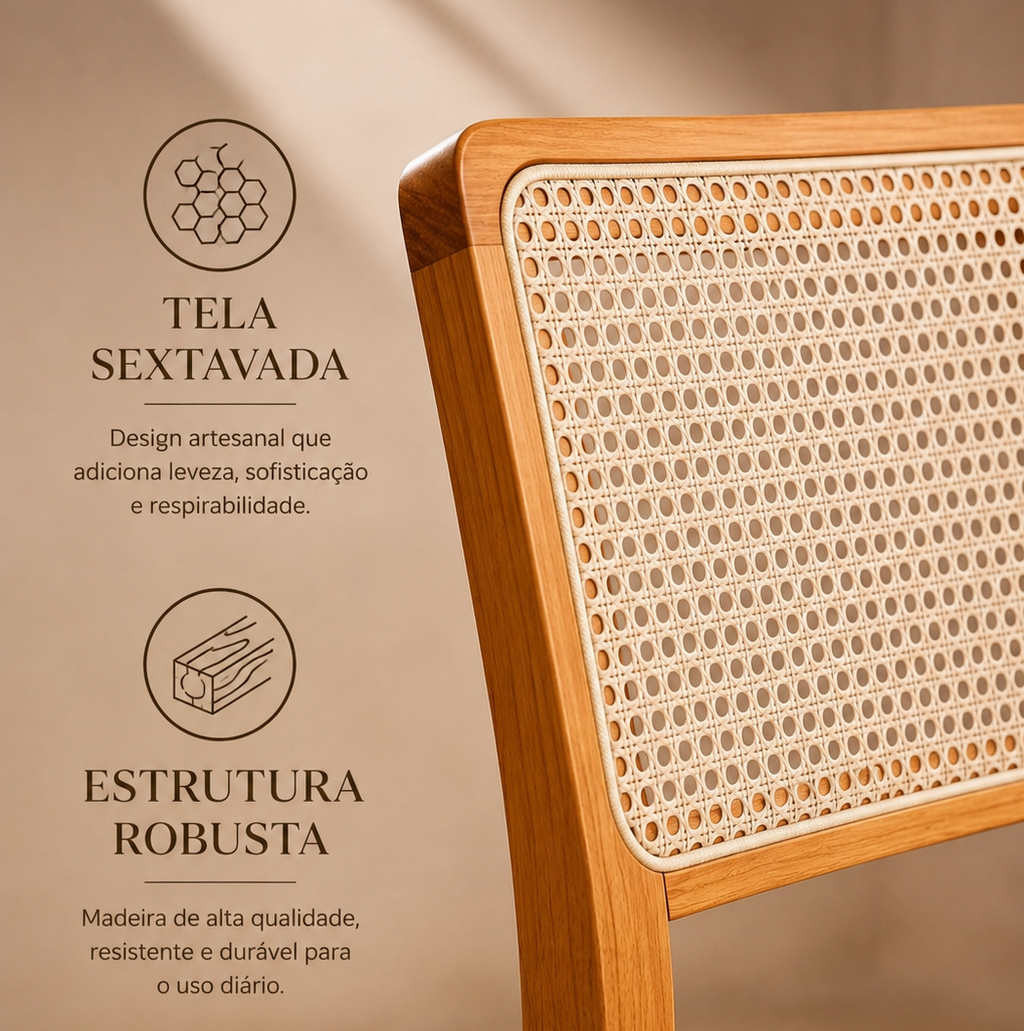 Kit 4 Cadeiras de Jantar Palha Estofada Linho Encosto em Tela Sextavada Rubi Madeira Maciça
