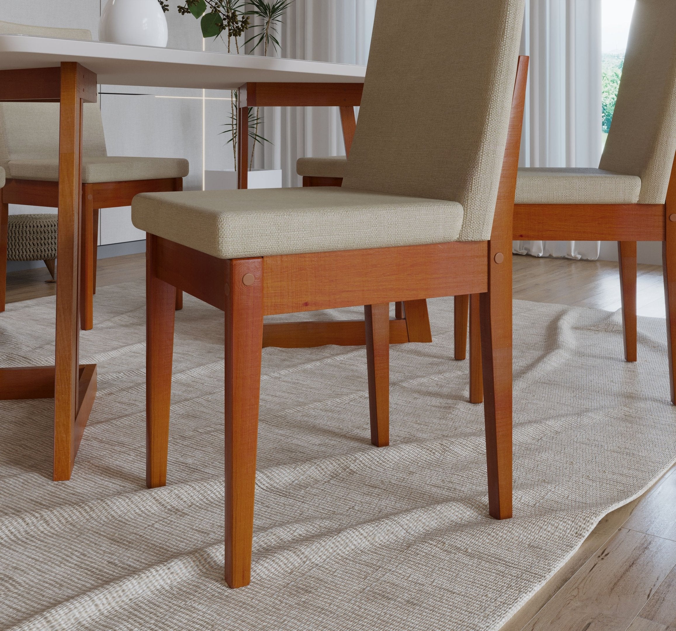 Conjunto Mesa com Vidro Pés Madeira Maciça 6 Cadeiras Madeira Dakota Tecido A40 Marrom Móveis Meneghetti