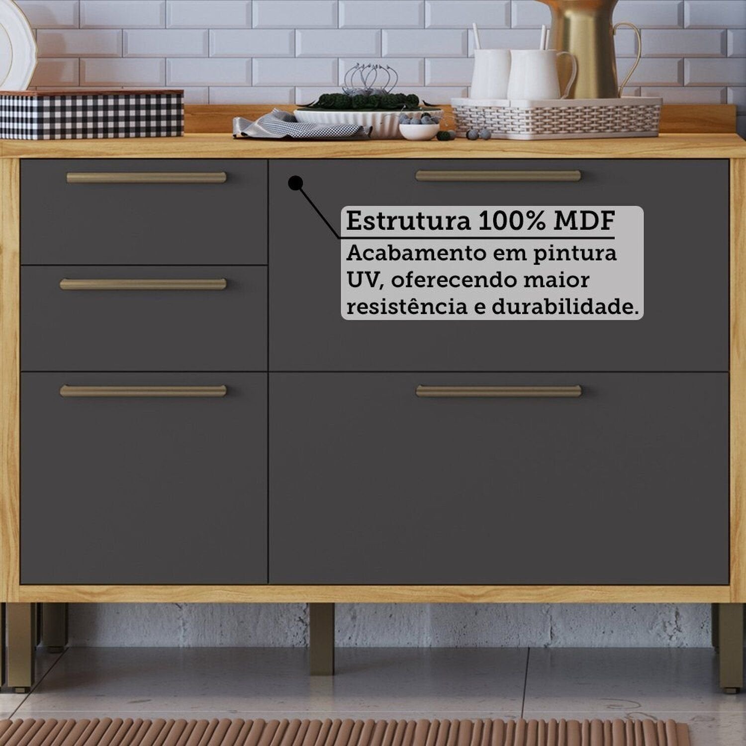 Balcão de Cozinha 2 Portas Basculantes 3 Gavetas com Tampo 120cm Vicenza Espresso Móveis Cinza/Amêndoa/Chumbo