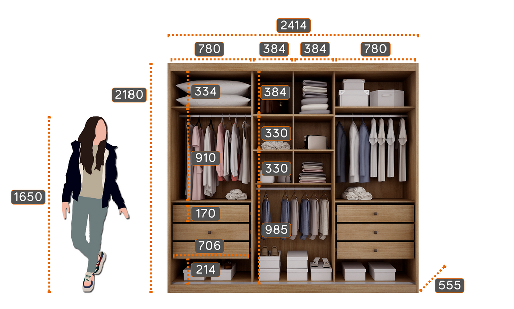 Guarda-Roupa Casal 3 Portas de Correr 6 Gavetas Vegas Novo Horizonte 100% MDF Cumaru Fendi