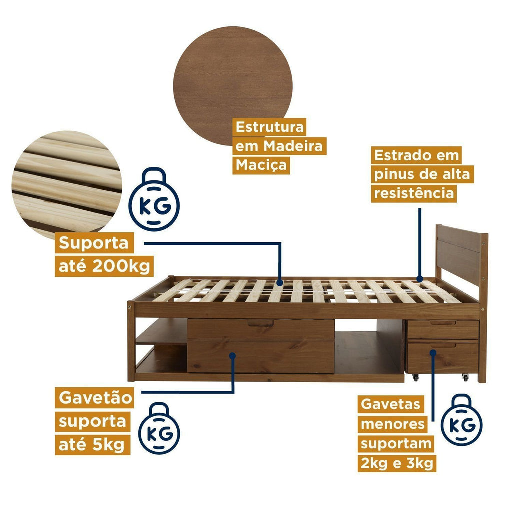 Cama Casal Multifuncional Madeira Maciça Irara CabeCasa MadeiraOriginals Marrom/Caramelo